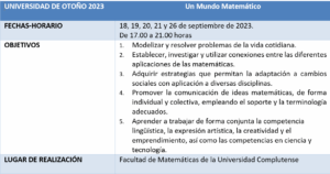 Avance UNIVERSIDAD DE OTOÑO 2023: Un mundo matemático